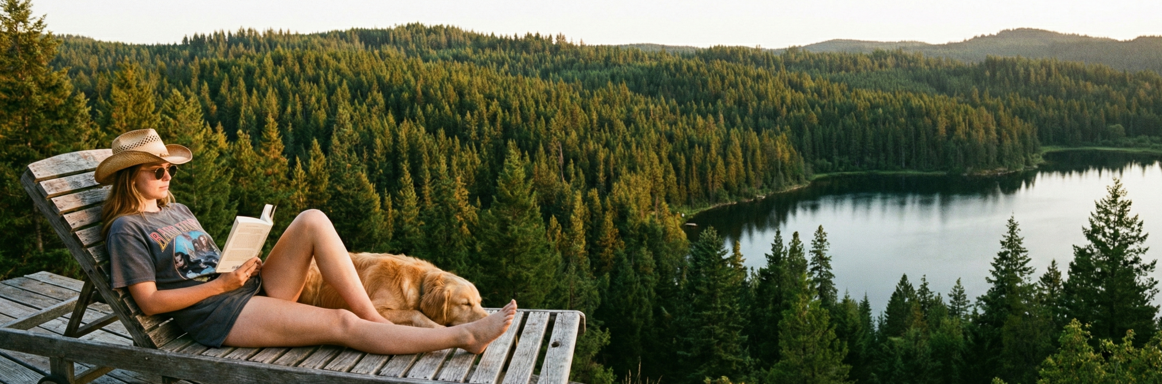 Woman reading a book with a dog on a lounge chair overlooking a forest and lake.